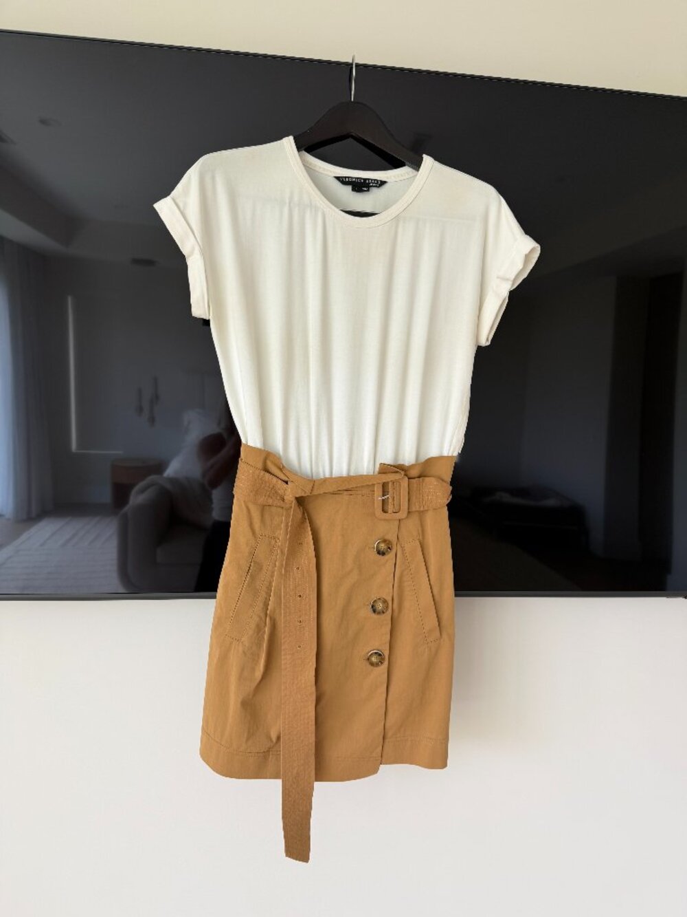 Veronica Beard White Ribbed Tee + Tan Cargo Button Mini Mixed-Media Dress